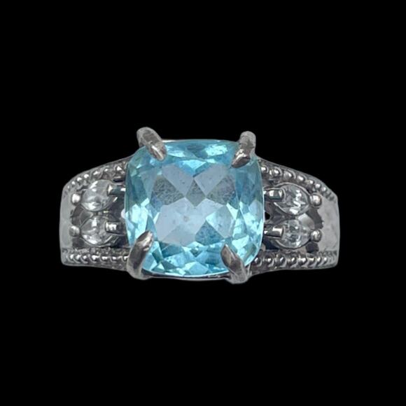 Vintage Blue Topaz and CZ Sterling Silver Ring - Size 6.5